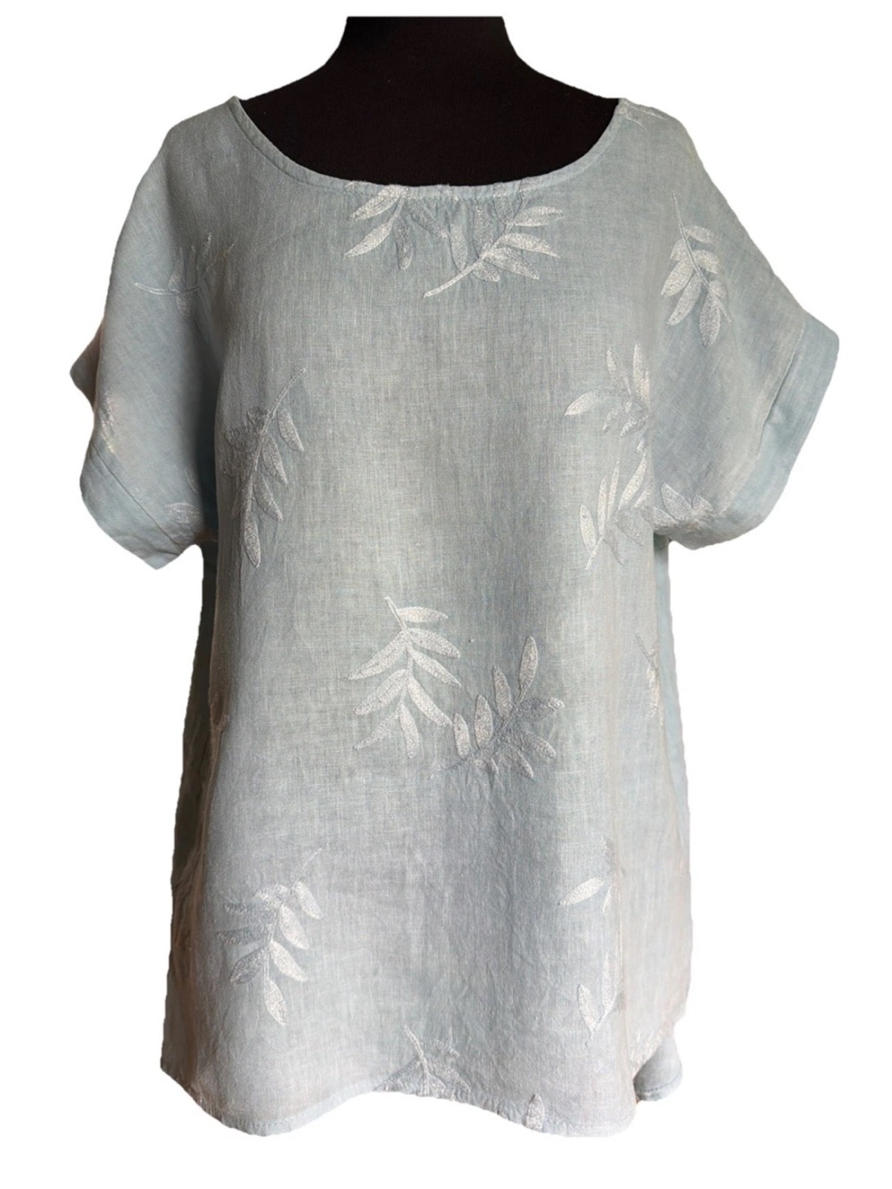 Terzo Millennio 100% Linen Top M Blue Embroidered Leaf Hi Low Made Italy